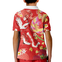 Hawaiian and Japanese Culture Together Kid Polo Shirt Kakau Tribal Pattern and Irezumi Art Red Color