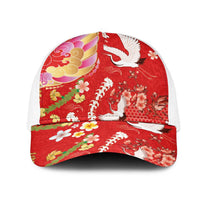 Hawaiian and Japanese Culture Together Mesh Trucker Cap Kakau Tribal Pattern and Irezumi Art Red Color