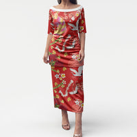 Hawaiian and Japanese Culture Together Puletasi Kakau Tribal Pattern and Irezumi Art Red Color LT03 Long Dress Red - Polynesian Pride