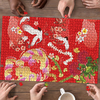 Hawaiian and Japanese Culture Together Puzzle Kakau Tribal Pattern and Irezumi Art Red Color