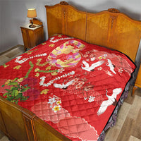 Hawaiian and Japanese Culture Together Quilt Kakau Tribal Pattern and Irezumi Art Red Color