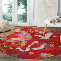 Hawaiian and Japanese Culture Together Round Carpet Kakau Tribal Pattern and Irezumi Art Red Color