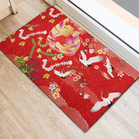 Hawaiian and Japanese Culture Together Rubber Doormat Kakau Tribal Pattern and Irezumi Art Red Color