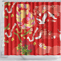 Hawaiian and Japanese Culture Together Shower Curtain Kakau Tribal Pattern and Irezumi Art Red Color