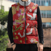 Hawaiian and Japanese Culture Together Sleeveless Puffer Jacket Kakau Tribal Pattern and Irezumi Art Red Color