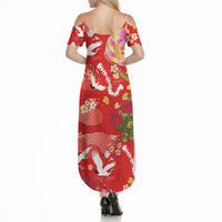 Hawaiian and Japanese Culture Together Summer Maxi Dress Kakau Tribal Pattern and Irezumi Art Red Color