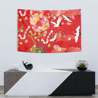 Hawaiian and Japanese Culture Together Tapestry Kakau Tribal Pattern and Irezumi Art Red Color
