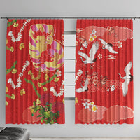 Hawaiian and Japanese Culture Together Window Curtain Kakau Tribal Pattern and Irezumi Art Red Color