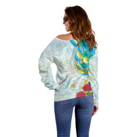 Japanese and Hawaiian Culture Fusion Off Shoulder Sweater Irezumi with Turtles and Lei Kakau Pattern Fresh Vibe LT03 - Polynesian Pride