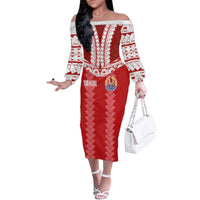 Custom Tahiti Football Polynesian Pattern Family Matching Off The Shoulder Long Sleeve Dress and Hawaiian Shirt LT03 Mom's Dress Red - Polynesian Pride