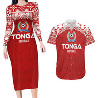 Custom Tonga Football Ngatu Tribal Tattoo Couples Matching Long Sleeve Bodycon Dress and Hawaiian Shirt LT03 Red - Polynesian Pride