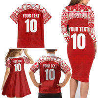 Custom Tonga Football Ngatu Tribal Tattoo Family Matching Long Sleeve Bodycon Dress and Hawaiian Shirt LT03 - Polynesian Pride