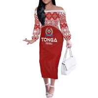 Custom Tonga Football Ngatu Tribal Tattoo Family Matching Off The Shoulder Long Sleeve Dress and Hawaiian Shirt LT03 Mom's Dress Red - Polynesian Pride