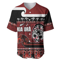 New Zealand Culture Baseball Jersey Kia Ora Aotearoa Moko Tattoo Mask with Waka and Maori Art Pattern LT03 Red - Polynesian Pride