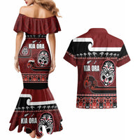 New Zealand Culture Couples Matching Mermaid Dress and Hawaiian Shirt Kia Ora Aotearoa Moko Tattoo Mask with Waka and Maori Art Pattern LT03 - Polynesian Pride