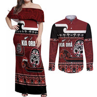 New Zealand Culture Couples Matching Off Shoulder Maxi Dress and Long Sleeve Button Shirt Kia Ora Aotearoa Moko Tattoo Mask with Waka and Maori Art Pattern LT03 Red - Polynesian Pride