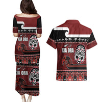 New Zealand Culture Couples Matching Puletasi and Hawaiian Shirt Kia Ora Aotearoa Moko Tattoo Mask with Waka and Maori Art Pattern LT03 - Polynesian Pride