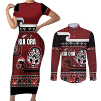 New Zealand Culture Couples Matching Short Sleeve Bodycon Dress and Long Sleeve Button Shirt Kia Ora Aotearoa Moko Tattoo Mask with Waka and Maori Art Pattern LT03 Red - Polynesian Pride