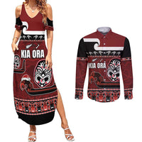 New Zealand Culture Couples Matching Summer Maxi Dress and Long Sleeve Button Shirt Kia Ora Aotearoa Moko Tattoo Mask with Waka and Maori Art Pattern LT03 Red - Polynesian Pride