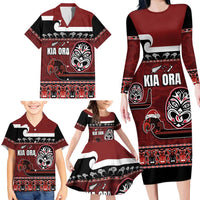 New Zealand Culture Family Matching Long Sleeve Bodycon Dress and Hawaiian Shirt Kia Ora Aotearoa Moko Tattoo Mask with Waka and Maori Art Pattern LT03 - Polynesian Pride