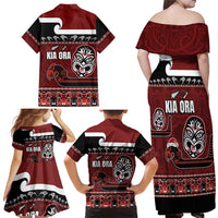 New Zealand Culture Family Matching Off Shoulder Maxi Dress and Hawaiian Shirt Kia Ora Aotearoa Moko Tattoo Mask with Waka and Maori Art Pattern LT03 - Polynesian Pride