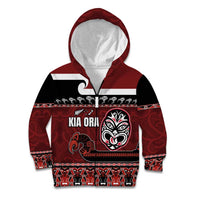 New Zealand Culture Kid Hoodie Kia Ora Aotearoa Moko Tattoo Mask with Waka and Maori Art Pattern LT03 Zip Hoodie Red - Polynesian Pride