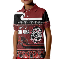 New Zealand Culture Kid Polo Shirt Kia Ora Aotearoa Moko Tattoo Mask with Waka and Maori Art Pattern LT03 Kid Red - Polynesian Pride