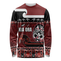 New Zealand Culture Long Sleeve Shirt Kia Ora Aotearoa Moko Tattoo Mask with Waka and Maori Art Pattern LT03 Unisex Red - Polynesian Pride