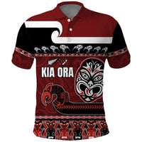 New Zealand Culture Polo Shirt Kia Ora Aotearoa Moko Tattoo Mask with Waka and Maori Art Pattern LT03 Red - Polynesian Pride