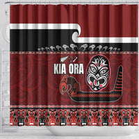 New Zealand Culture Shower Curtain Kia Ora Aotearoa Moko Tattoo Mask with Waka and Maori Art Pattern LT03 - Polynesian Pride