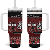 New Zealand Culture Tumbler With Handle Kia Ora Aotearoa Moko Tattoo Mask with Waka and Maori Art Pattern LT03 One Size: 40 oz Red - Polynesian Pride