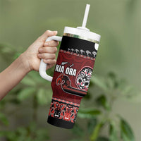 New Zealand Culture Tumbler With Handle Kia Ora Aotearoa Moko Tattoo Mask with Waka and Maori Art Pattern LT03 - Polynesian Pride