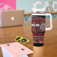 New Zealand Culture Tumbler With Handle Kia Ora Aotearoa Moko Tattoo Mask with Waka and Maori Art Pattern LT03 - Polynesian Pride