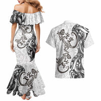 New Zealand Gecko Maori Art Tattoo Couples Matching Mermaid Dress and Hawaiian Shirt White Color LT03 - Polynesian Pride