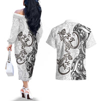 New Zealand Gecko Maori Art Tattoo Couples Matching Off The Shoulder Long Sleeve Dress and Hawaiian Shirt White Color LT03 - Polynesian Pride