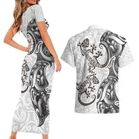 New Zealand Gecko Maori Art Tattoo Couples Matching Short Sleeve Bodycon Dress and Hawaiian Shirt White Color LT03 - Polynesian Pride