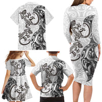 New Zealand Gecko Maori Art Tattoo Family Matching Long Sleeve Bodycon Dress and Hawaiian Shirt White Color LT03 - Polynesian Pride
