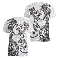 New Zealand Gecko Maori Art Tattoo Women V-Neck T-Shirt White Color