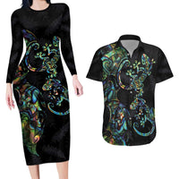 New Zealand Gecko Maori Art Tattoo Couples Matching Long Sleeve Bodycon Dress and Hawaiian Shirt Silver Fern and Paua Shell Mode LT03 Black - Polynesian Pride