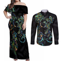 New Zealand Gecko Maori Art Tattoo Couples Matching Off Shoulder Maxi Dress and Long Sleeve Button Shirt Silver Fern and Paua Shell Mode LT03 Black - Polynesian Pride