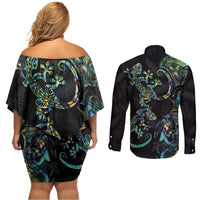 New Zealand Gecko Maori Art Tattoo Couples Matching Off Shoulder Short Dress and Long Sleeve Button Shirt Silver Fern and Paua Shell Mode LT03 - Polynesian Pride