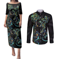 New Zealand Gecko Maori Art Tattoo Couples Matching Puletasi and Long Sleeve Button Shirt Silver Fern and Paua Shell Mode LT03 Black - Polynesian Pride