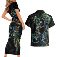 New Zealand Gecko Maori Art Tattoo Couples Matching Short Sleeve Bodycon Dress and Hawaiian Shirt Silver Fern and Paua Shell Mode LT03 - Polynesian Pride
