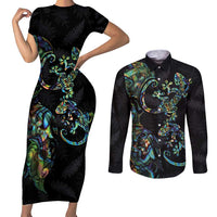 New Zealand Gecko Maori Art Tattoo Couples Matching Short Sleeve Bodycon Dress and Long Sleeve Button Shirt Silver Fern and Paua Shell Mode LT03 Black - Polynesian Pride
