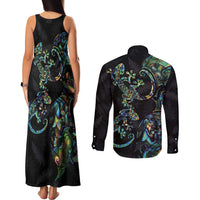New Zealand Gecko Maori Art Tattoo Couples Matching Tank Maxi Dress and Long Sleeve Button Shirt Silver Fern and Paua Shell Mode LT03 - Polynesian Pride