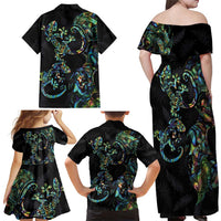 New Zealand Gecko Maori Art Tattoo Family Matching Off Shoulder Maxi Dress and Hawaiian Shirt Silver Fern and Paua Shell Mode LT03 - Polynesian Pride