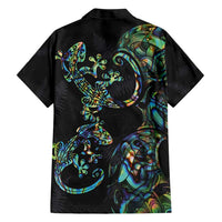 New Zealand Gecko Maori Art Tattoo Family Matching Short Sleeve Bodycon Dress and Hawaiian Shirt Silver Fern and Paua Shell Mode LT03 - Polynesian Pride