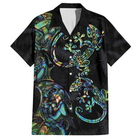 New Zealand Gecko Maori Art Tattoo Family Matching Summer Maxi Dress and Hawaiian Shirt Silver Fern and Paua Shell Mode LT03 Dad's Shirt - Short Sleeve Black - Polynesian Pride