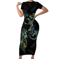 New Zealand Gecko Maori Art Tattoo Short Sleeve Bodycon Dress Silver Fern and Paua Shell Mode LT03 Long Dress Black - Polynesian Pride