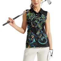 New Zealand Gecko Maori Art Tattoo Women Sleeveless Polo Shirt Silver Fern and Paua Shell Mode